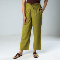 Olive Green - Texture Plain Dyed Cotton Relaxed Fit Pant