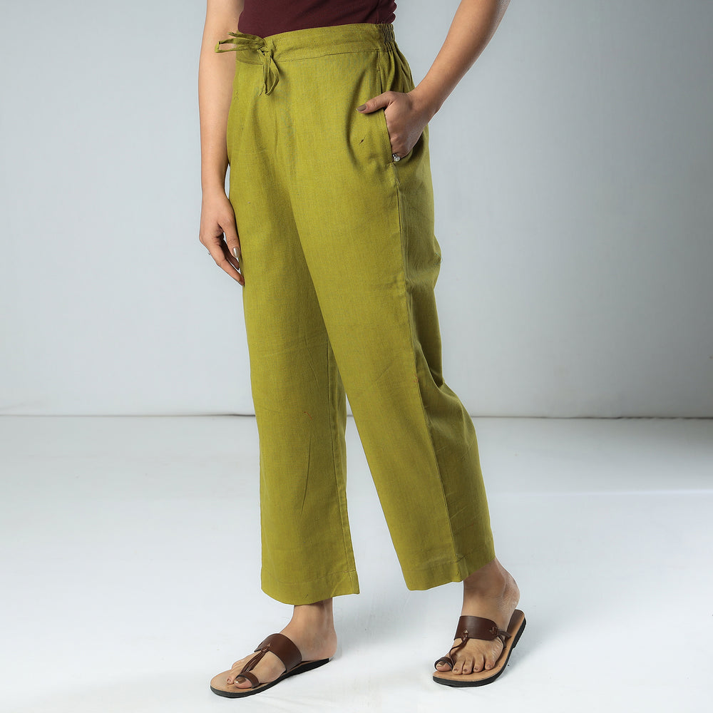 Olive Green - Texture Plain Dyed Cotton Relaxed Fit Pant