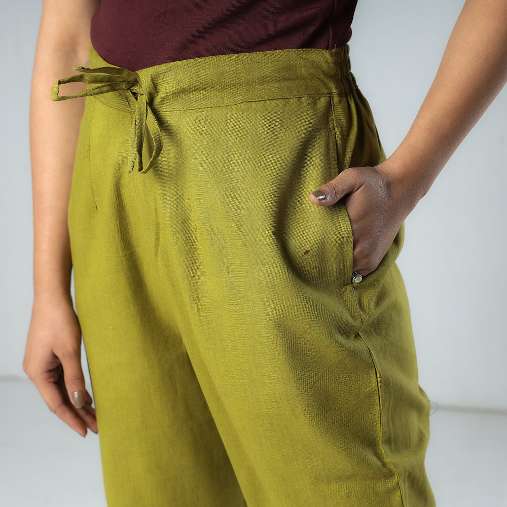 Olive Green - Texture Plain Dyed Cotton Relaxed Fit Pant