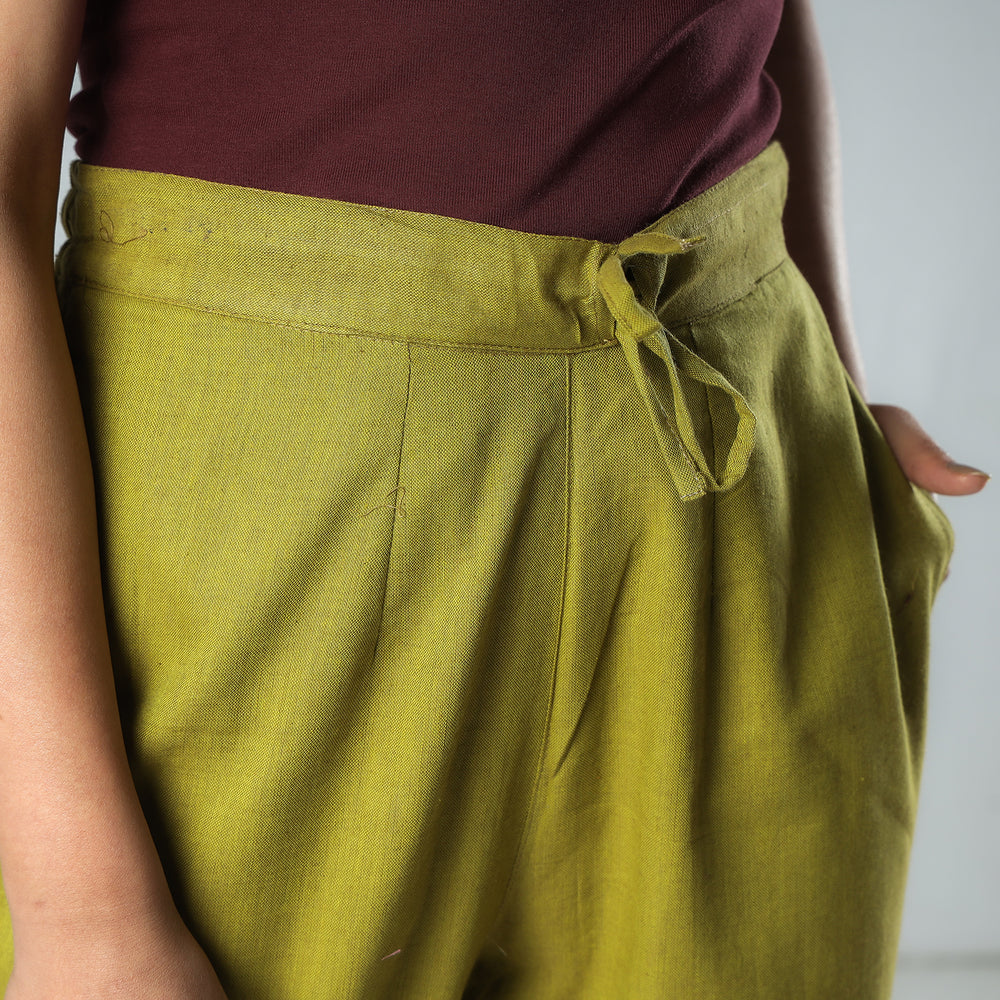 Olive Green - Texture Plain Dyed Cotton Relaxed Fit Pant