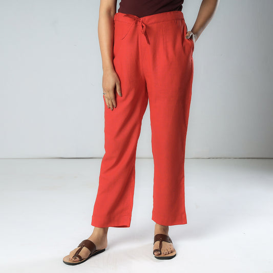 Orange & Red - Texture Plain Dyed Cotton Relaxed Fit Pant