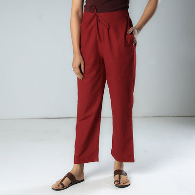 Maroon Texture Plain Dyed Cotton Relaxed Fit Pant