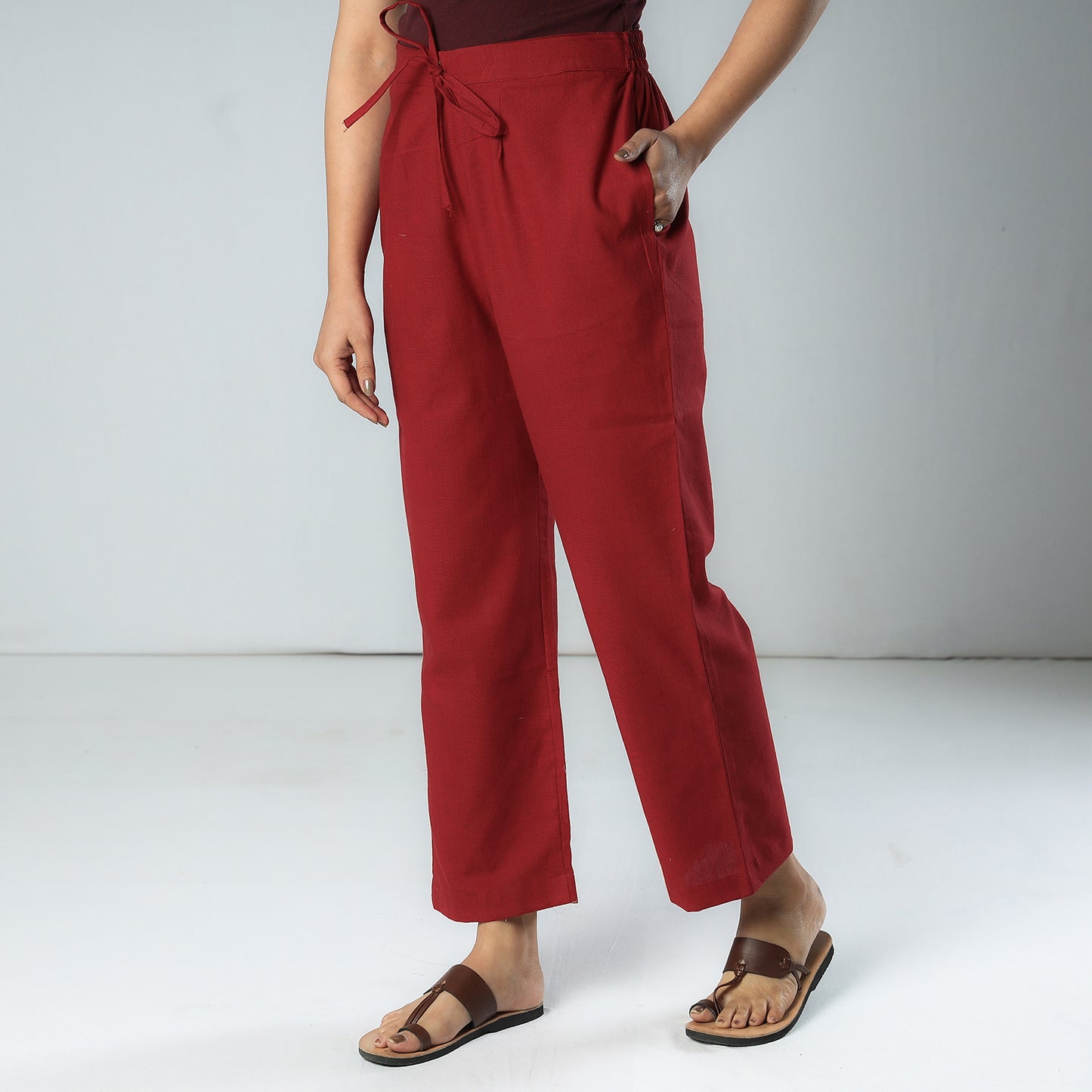 Maroon Texture Plain Dyed Cotton Relaxed Fit Pant
