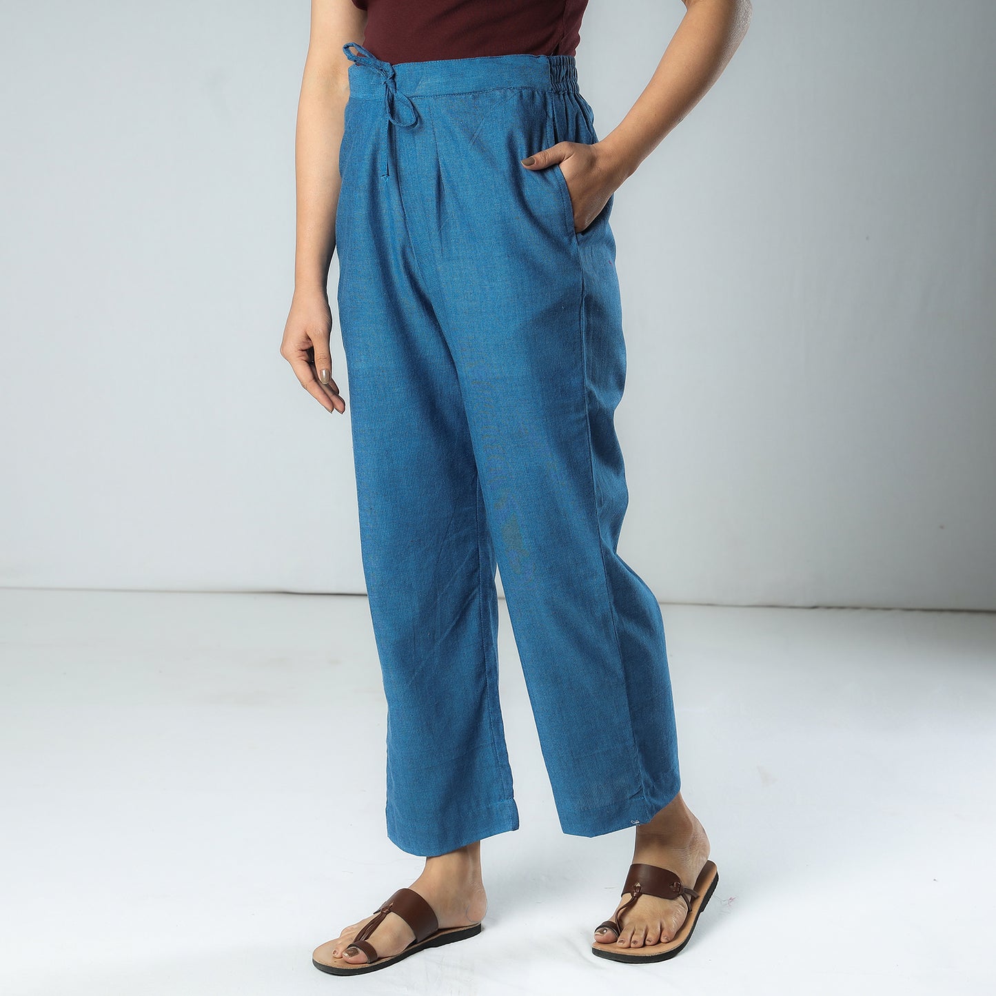 Blue Texture Plain Dyed Cotton Relaxed Fit Pant