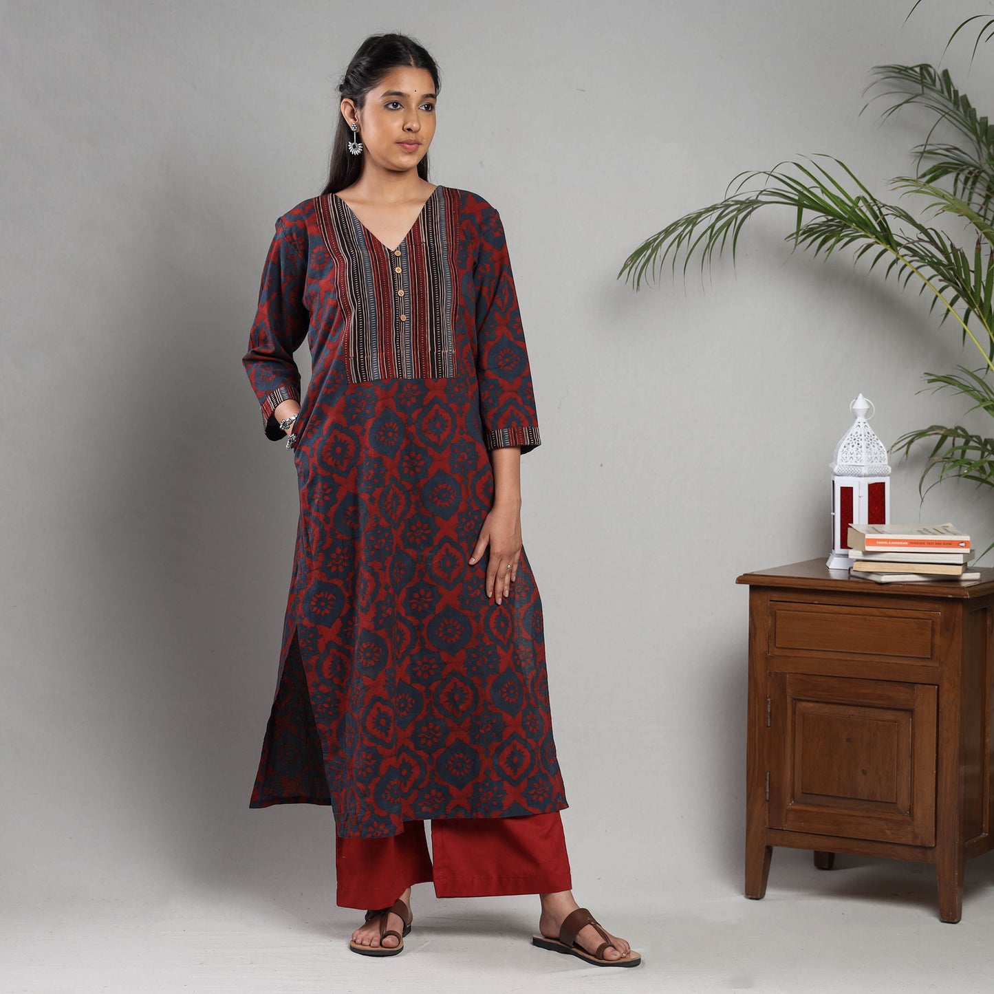 Maroon Indigo Ajrakh Block Printing Cotton Kurta with Palazzo Set