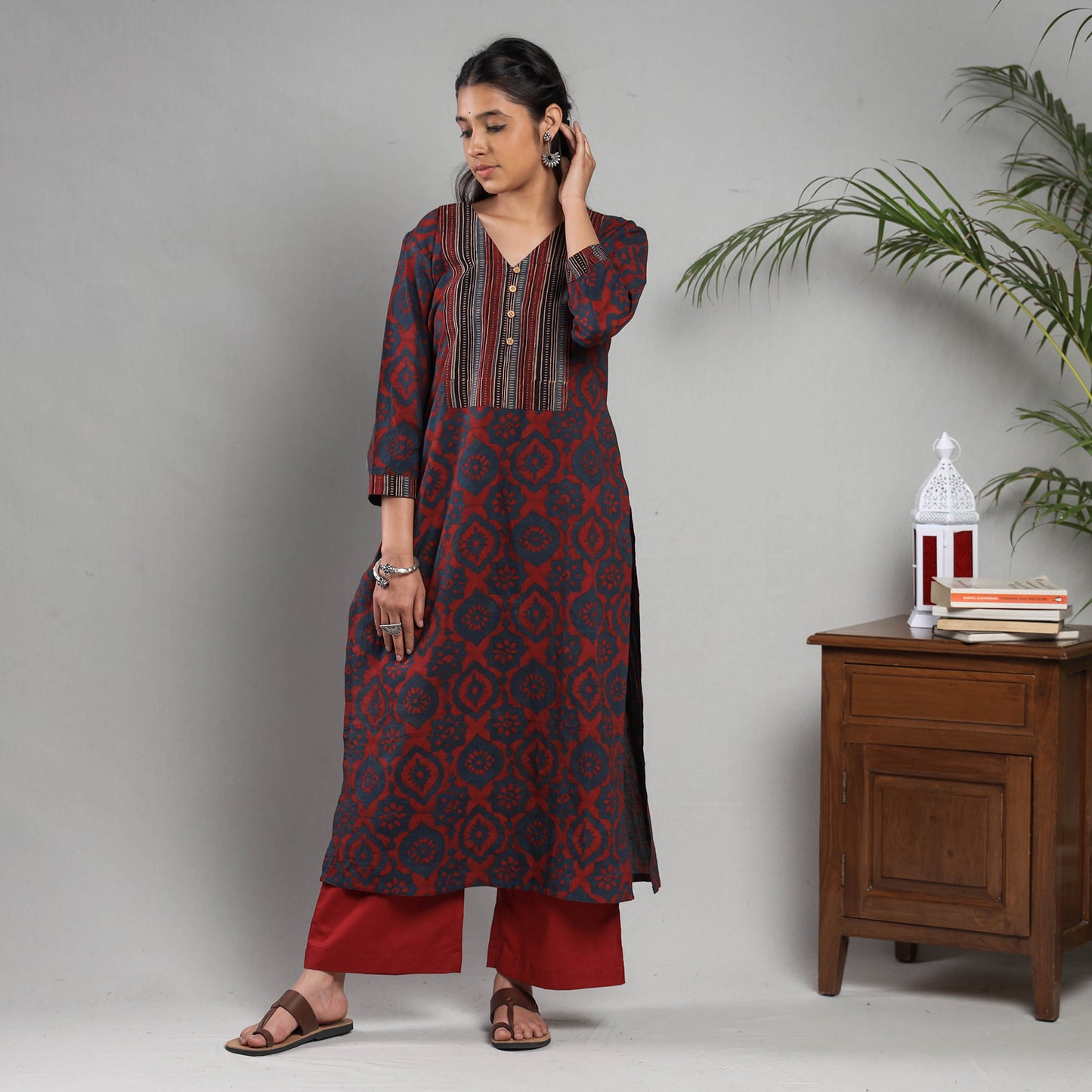 Maroon Indigo Ajrakh Block Printing Cotton Kurta with Palazzo Set