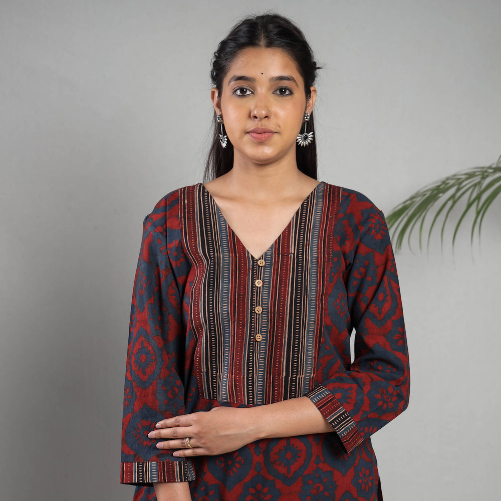 Maroon Indigo Ajrakh Block Printing Cotton Kurta with Palazzo Set