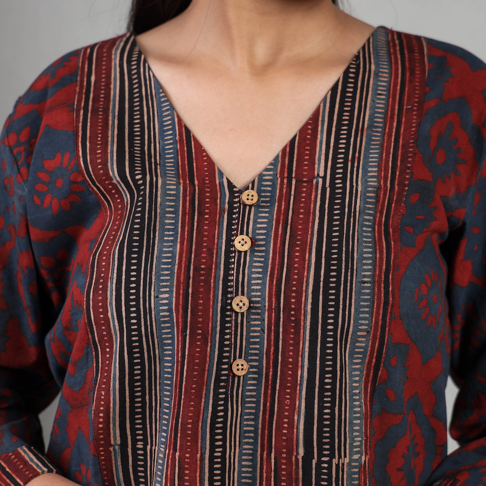 Maroon Indigo Ajrakh Block Printing Cotton Kurta with Palazzo Set