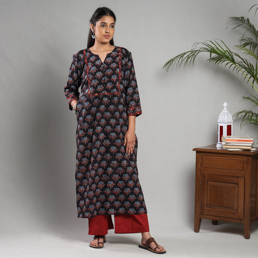 Black Indigo Ajrakh Block Printing Cotton Kurta with Palazzo Set