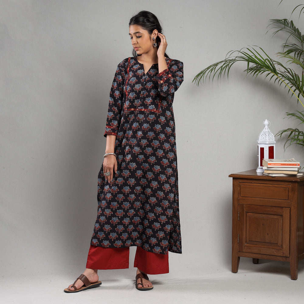 Black Indigo Ajrakh Block Printing Cotton Kurta with Palazzo Set