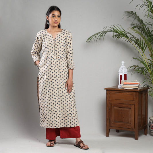 Beige - Cream Blue Ajrakh Block Printing Cotton Kurta with Palazzo Set