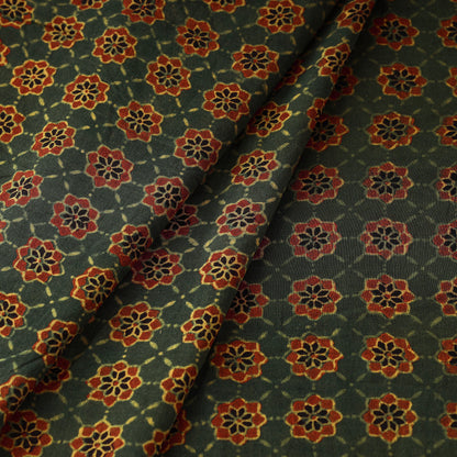 Red Buttercups Florals On Green Ajrakh Hand Block Printed Mul Cotton Fabric