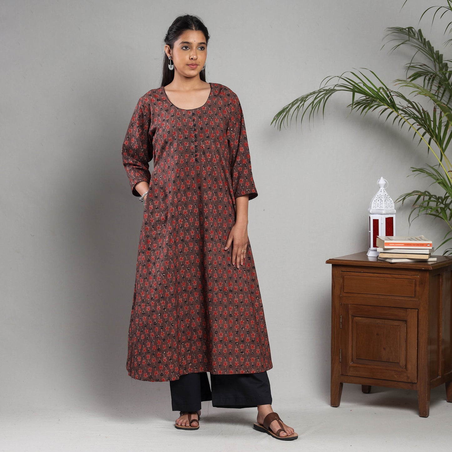 Brown Red Ajrakh Block Printing Cotton Kurta with Palazzo Set