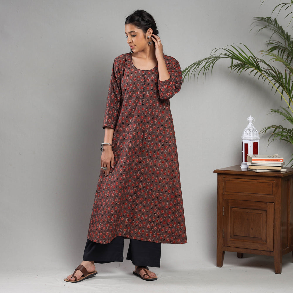 Brown Red Ajrakh Block Printing Cotton Kurta with Palazzo Set