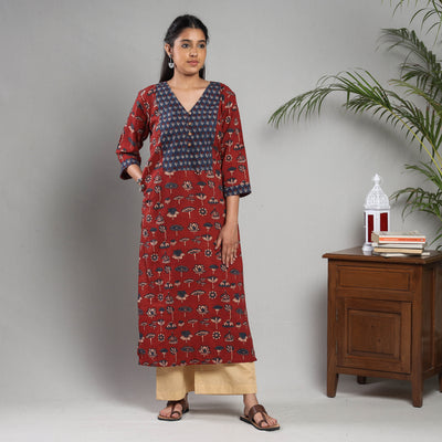 Red Indigo Ajrakh Block Printing Cotton Kurta with Palazzo Set