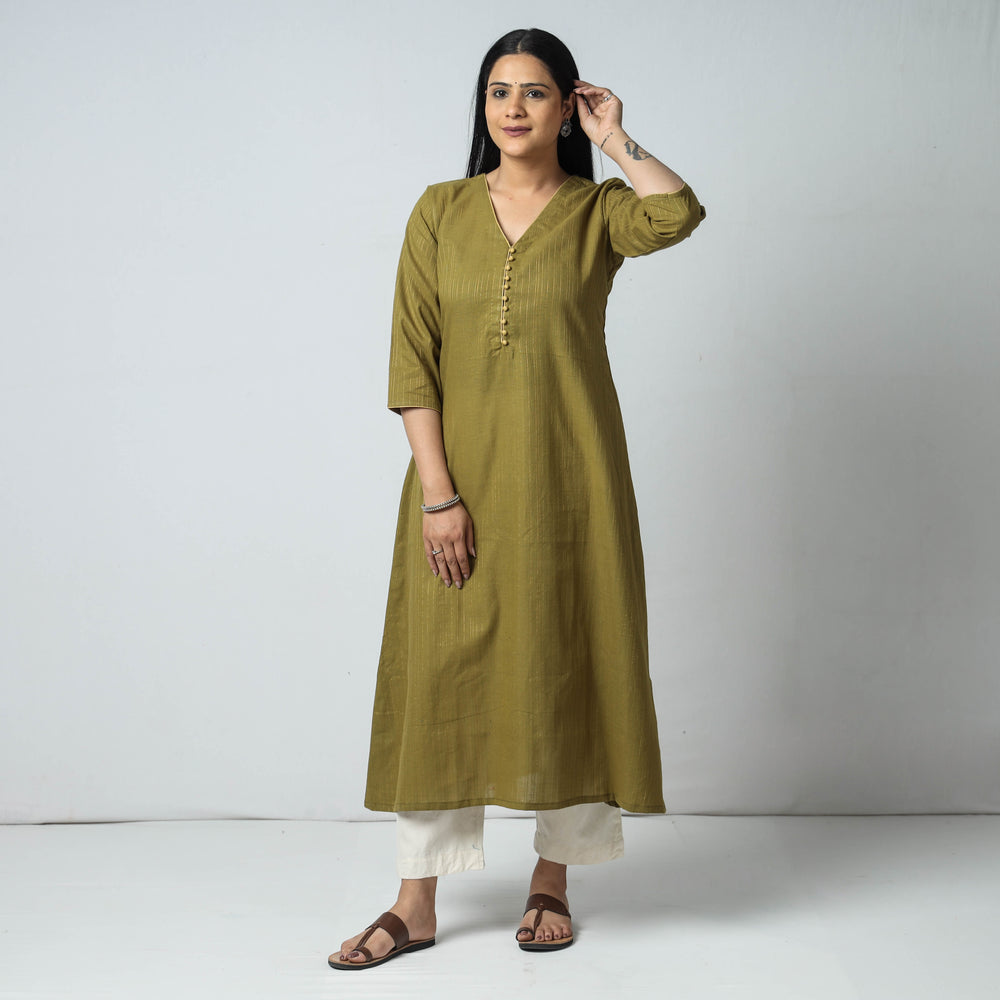 Mehendi Green - Jacquard Cotton A-Line Kurta 17