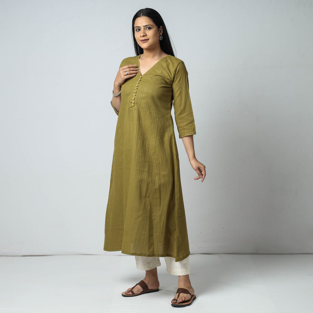 Mehendi Green - Jacquard Cotton A-Line Kurta 17