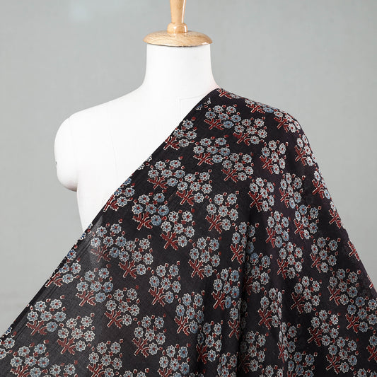 Black - Petunia Floral Bouquet Ajrakh Hand Block Printed Cotton Fabric
