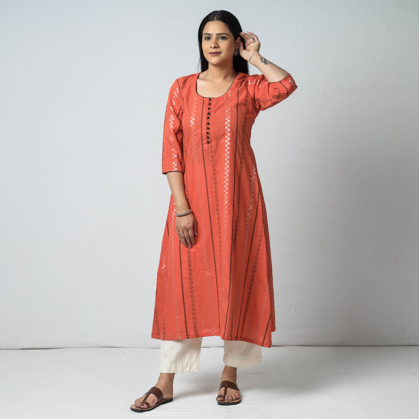 Dark Peach - Jacquard Cotton A-Line Long Kurta