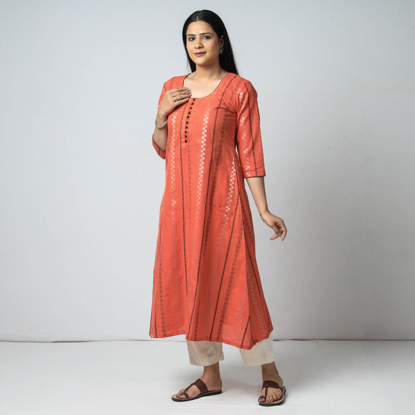 Dark Peach - Jacquard Cotton A-Line Long Kurta