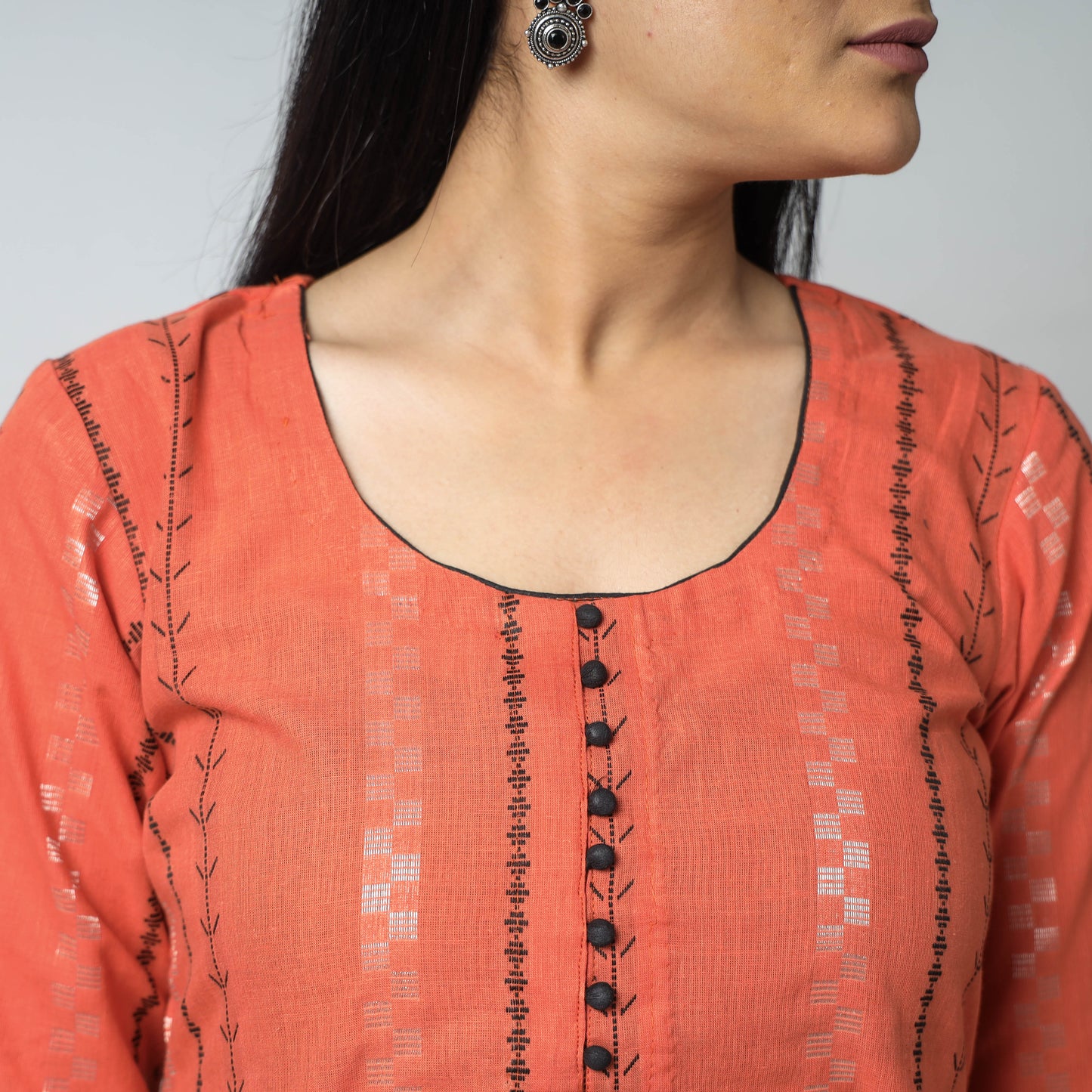 Dark Peach - Jacquard Cotton A-Line Long Kurta