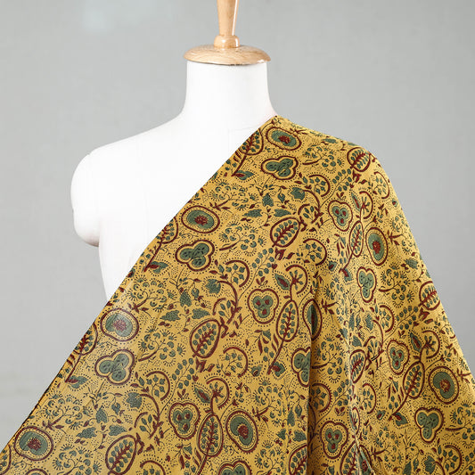 Yellow - Green Multi Leafy Pattern Ajrakh Hand Block Printed Mul Cotton Fabric
