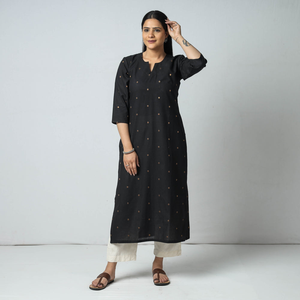 Black Jacquard Cotton Long Kurta