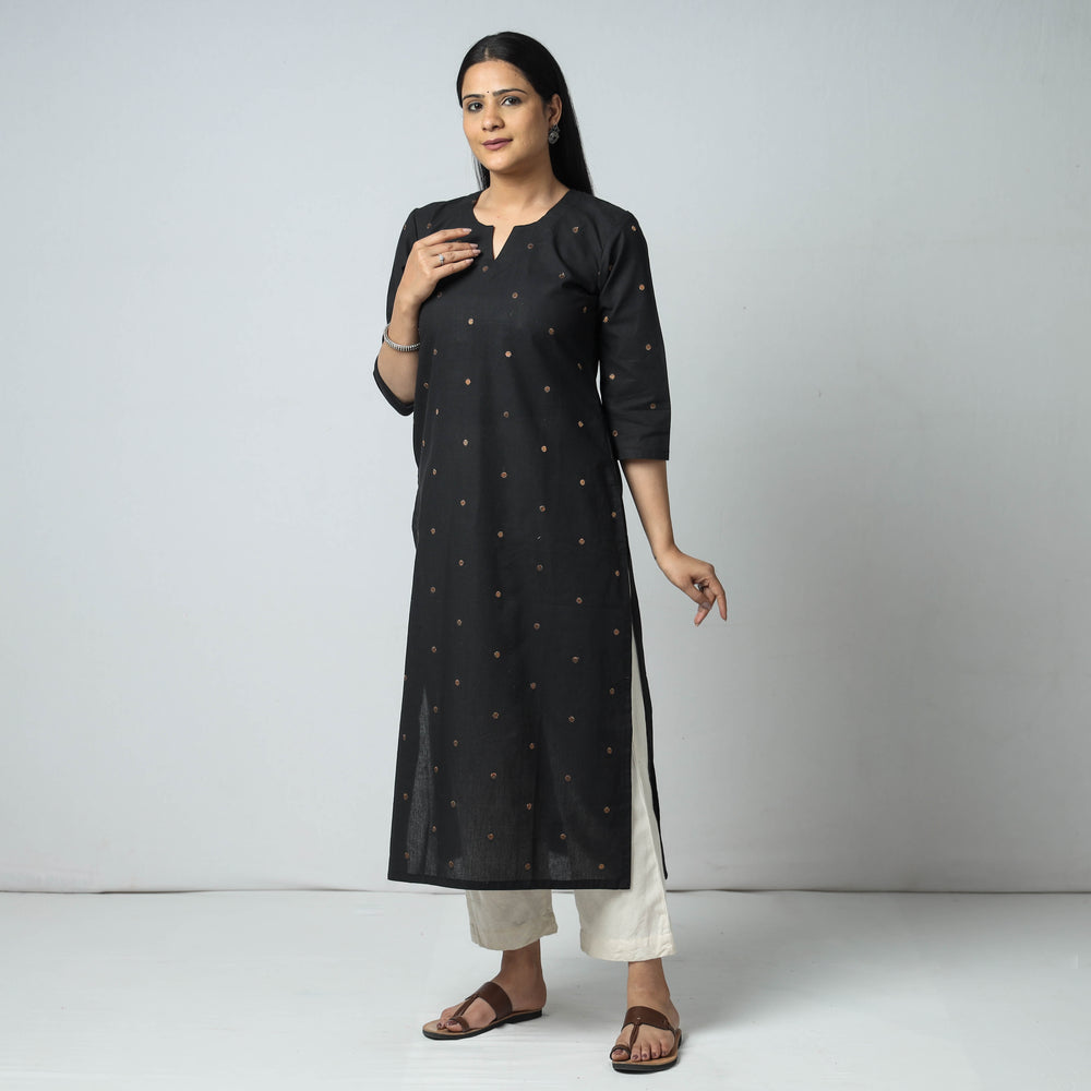 Black Jacquard Cotton Long Kurta