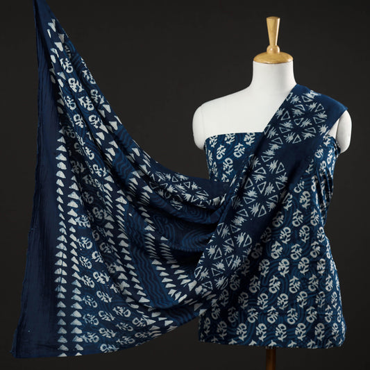 Blue - 3pc Indigo Block Printed Cotton Suit Material Set