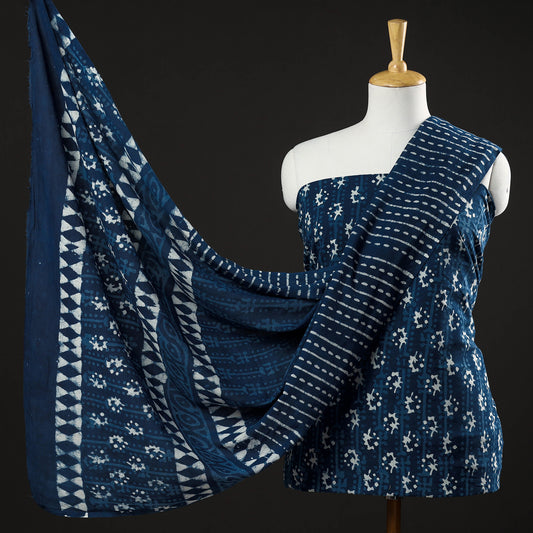 Blue - 3pc Indigo Block Printed Cotton Suit Material Set