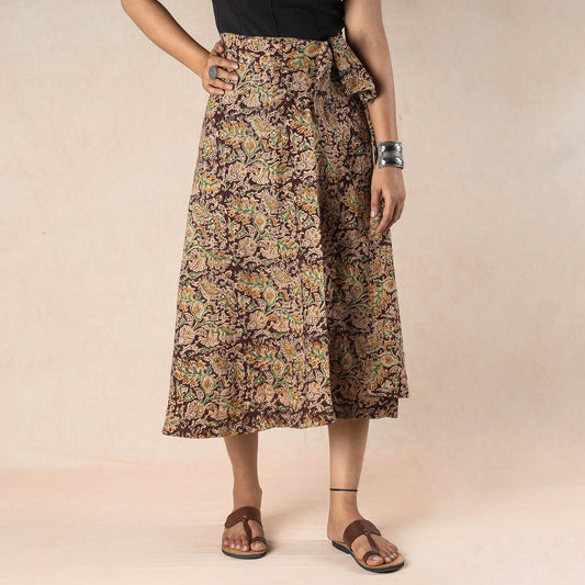 Brown - Kalamkari Block Printed Cotton Wrap Around Skirt