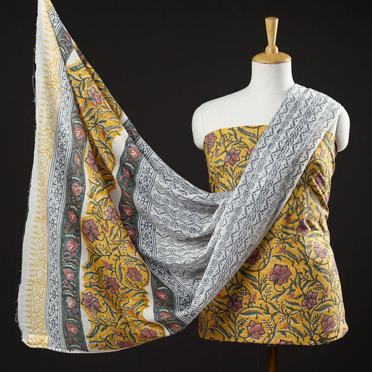 Yellow - 3pc Sanganeri Block Printed Cotton Suit Material Set