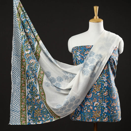 Blue - 3pc Sanganeri Block Printed Cotton Suit Material Set