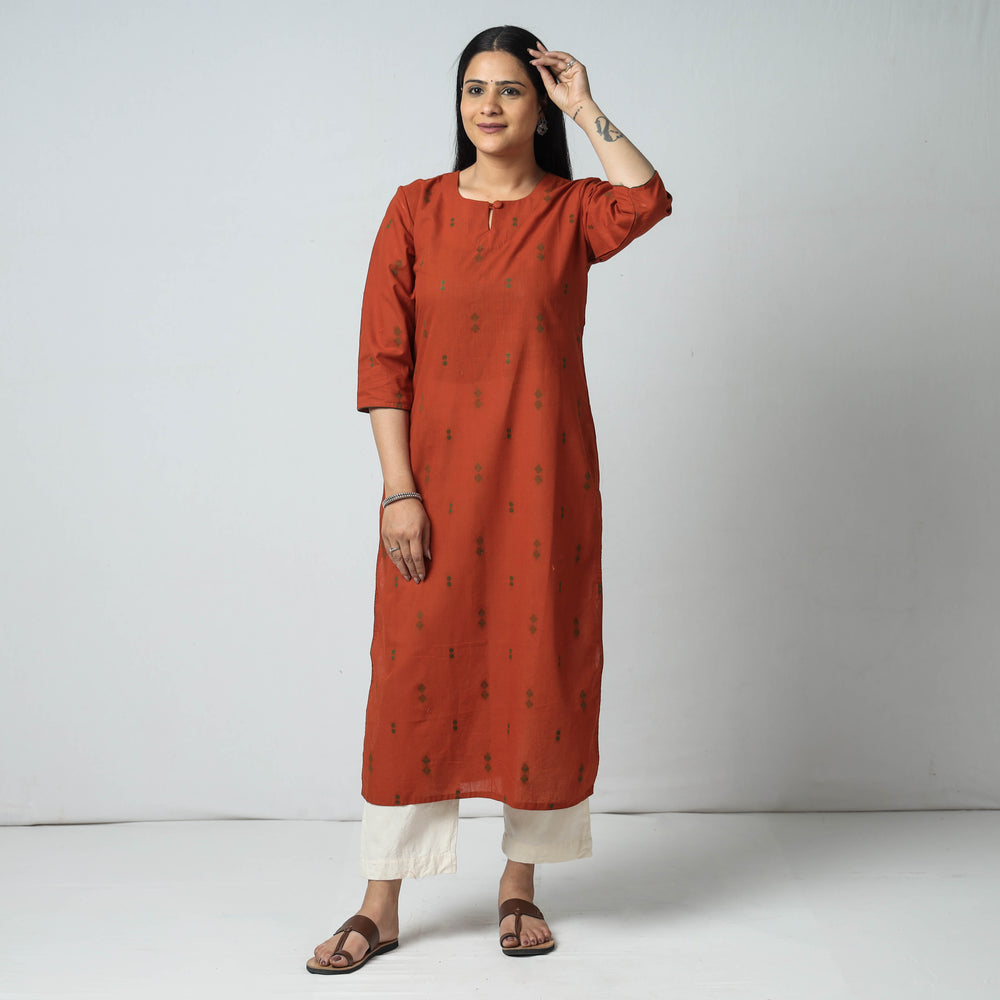 Dark Orange - Jacquard Cotton Long Kurta