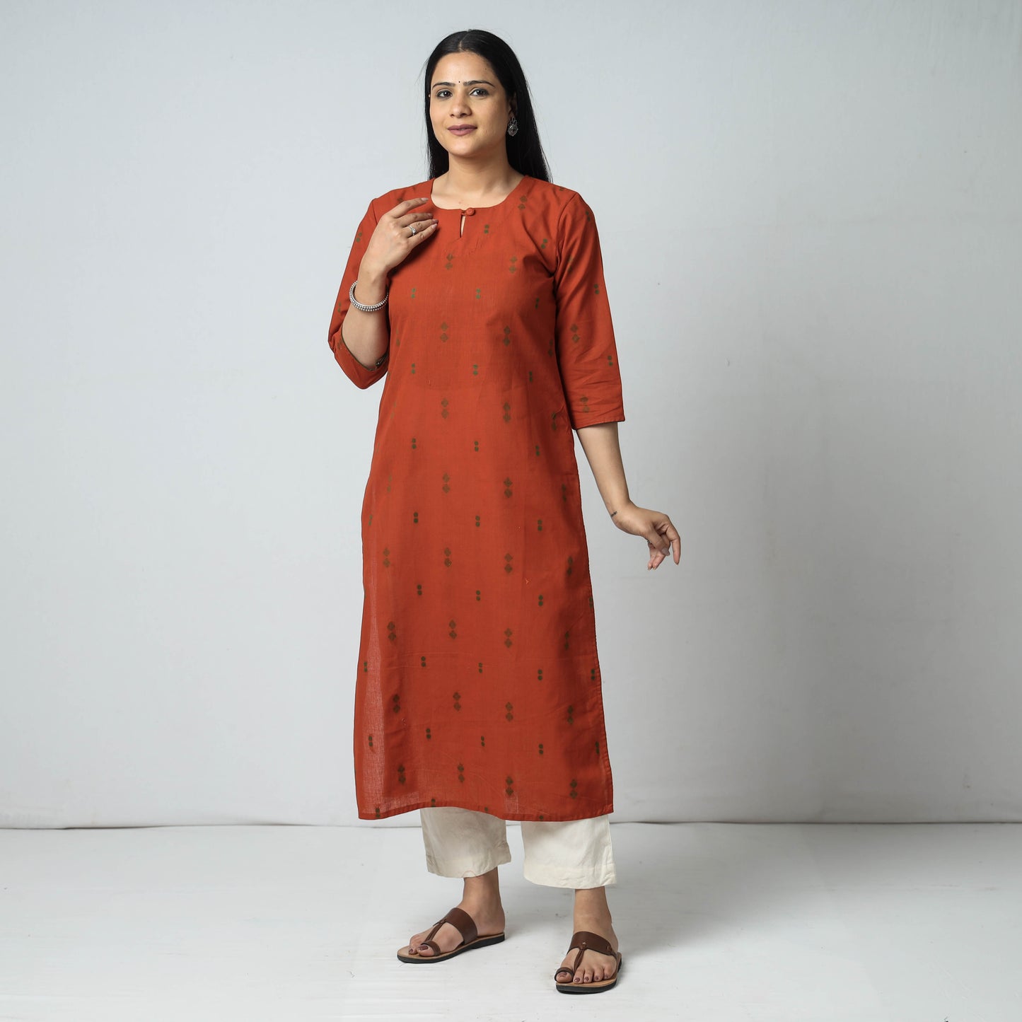 Dark Orange - Jacquard Cotton Long Kurta