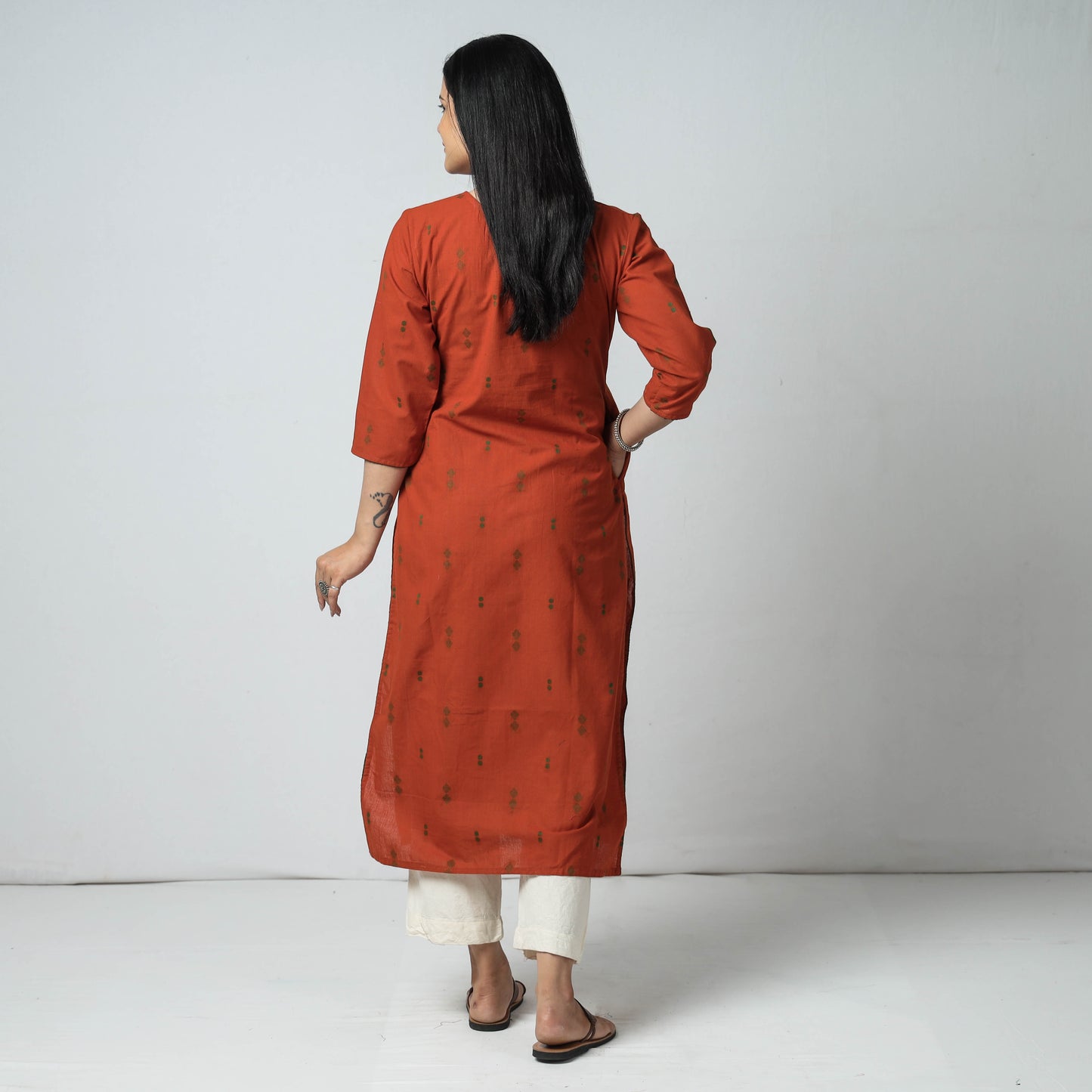 Dark Orange - Jacquard Cotton Long Kurta