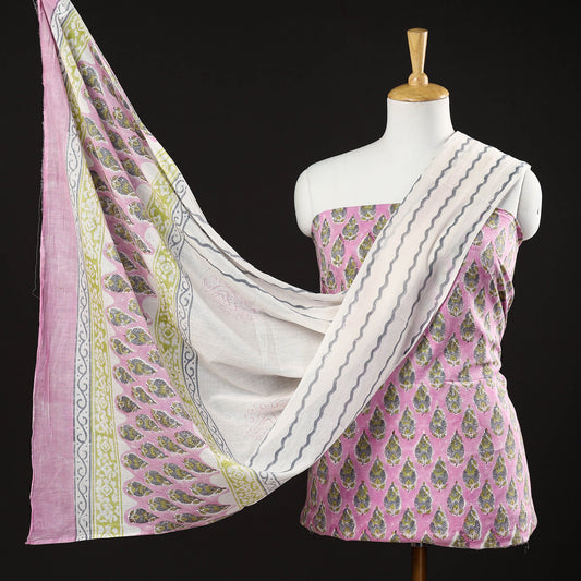 Pink - 3pc Sanganeri Block Printed Cotton Suit Material Set