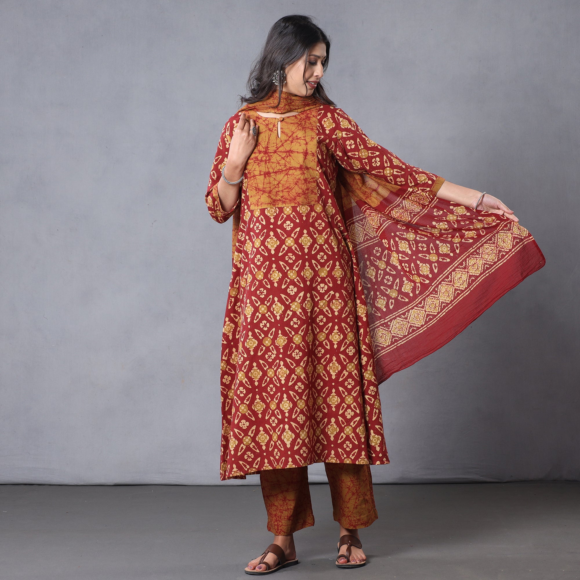  Hand Batik Printing Cotton Kurta with Palazzo & Dupatta Set 