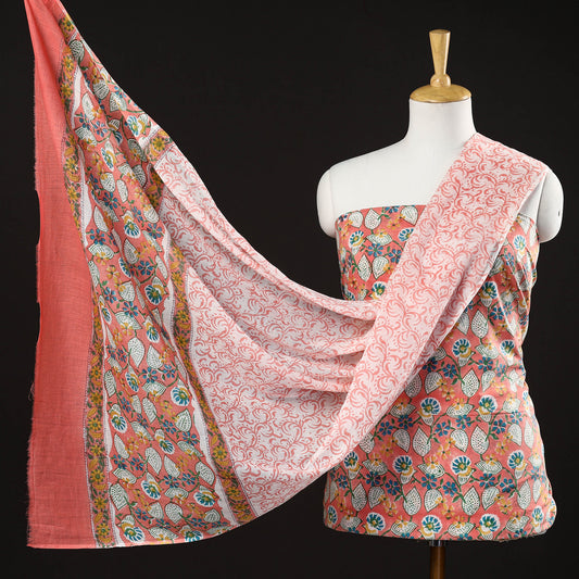 Pink - 3pc Sanganeri Block Printed Cotton Suit Material Set