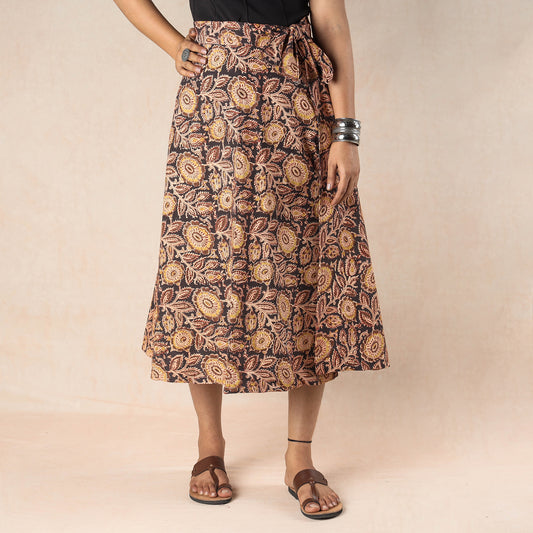 Black - Kalamkari Block Printing Cotton Wrap Around Skirt