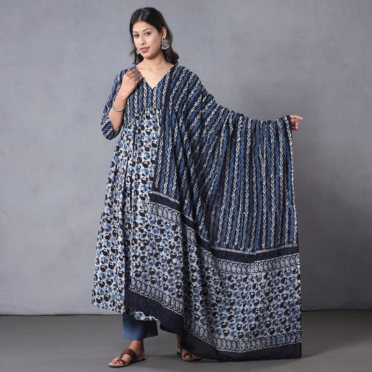 Blue - Hand Batik Printing Cotton Flared Gher Kurta with Palazzo & Dupatta Set