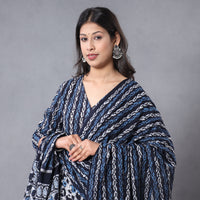 Blue - Hand Batik Printing Cotton Flared Gher Kurta with Palazzo & Dupatta Set