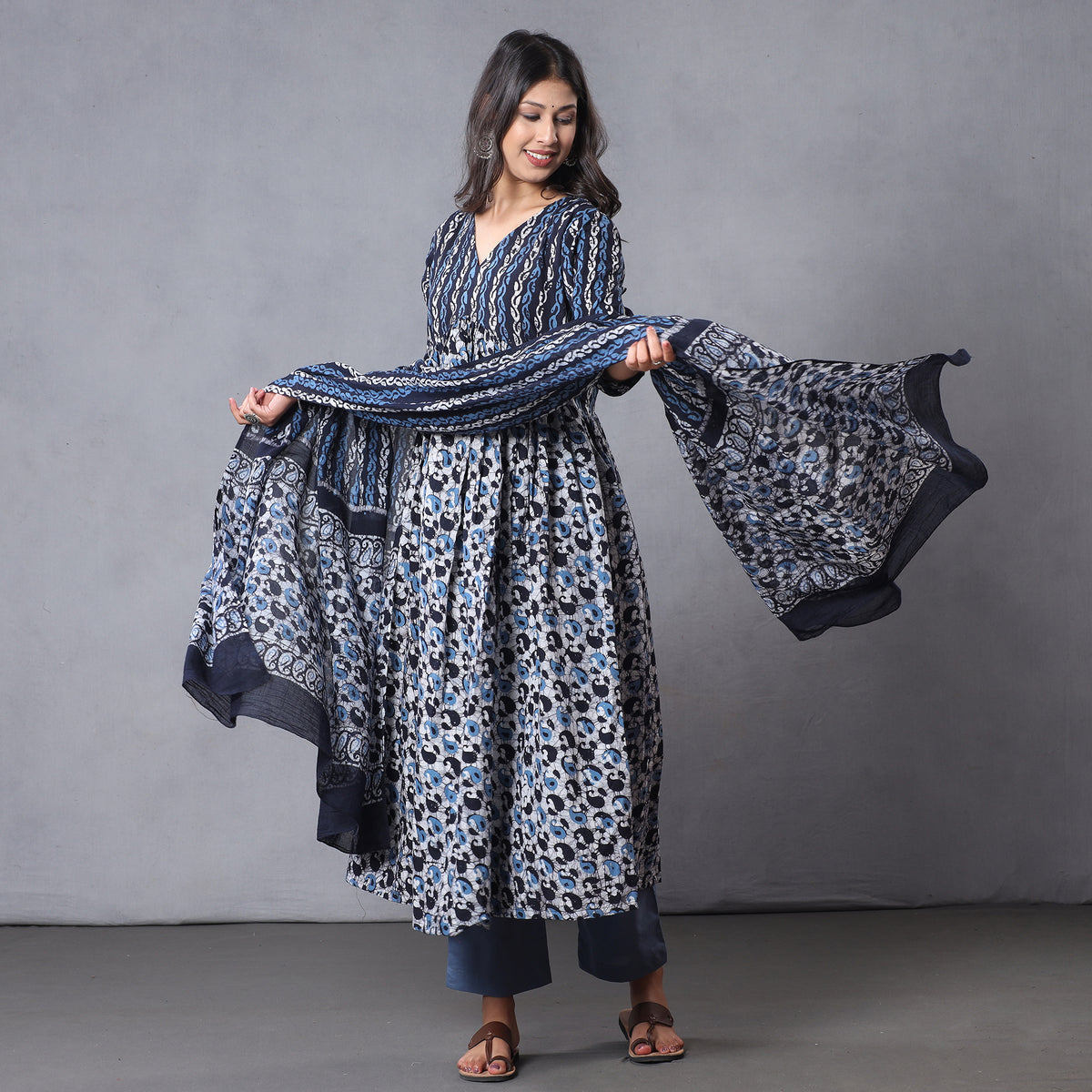 Blue - Hand Batik Printing Cotton Flared Gher Kurta with Palazzo & Dupatta Set