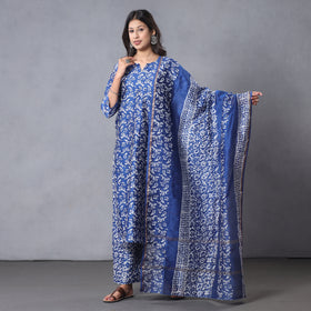 Blue - Batik Printing Chanderi Silk Kurta Suit Sets
