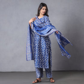 Blue - Batik Printing Chanderi Silk Kurta Suit Sets