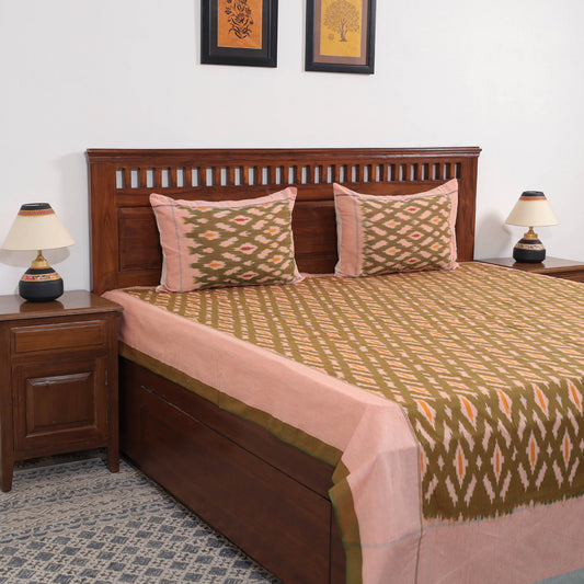 Green - Pochampally Ikat Weave Cotton Double Bedcover with Pillow Covers (104 x 88 in)