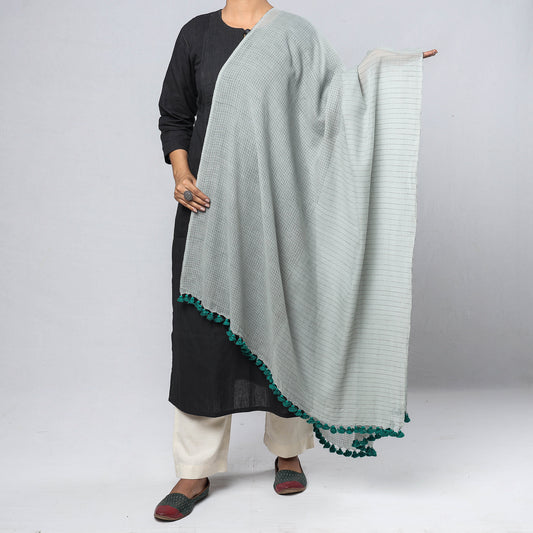 Grey - Phulia Bengal Handloom Cotton Dupatta with Tassels