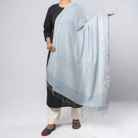 Grey - Phulia Bengal Handloom Cotton Dupatta with Tassels
