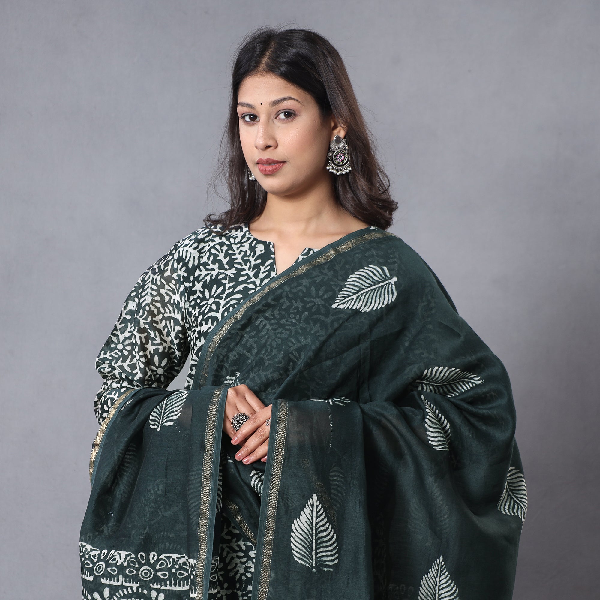 Green - Batik Printing Chanderi Silk Kurta with Palazzo & Dupatta Set