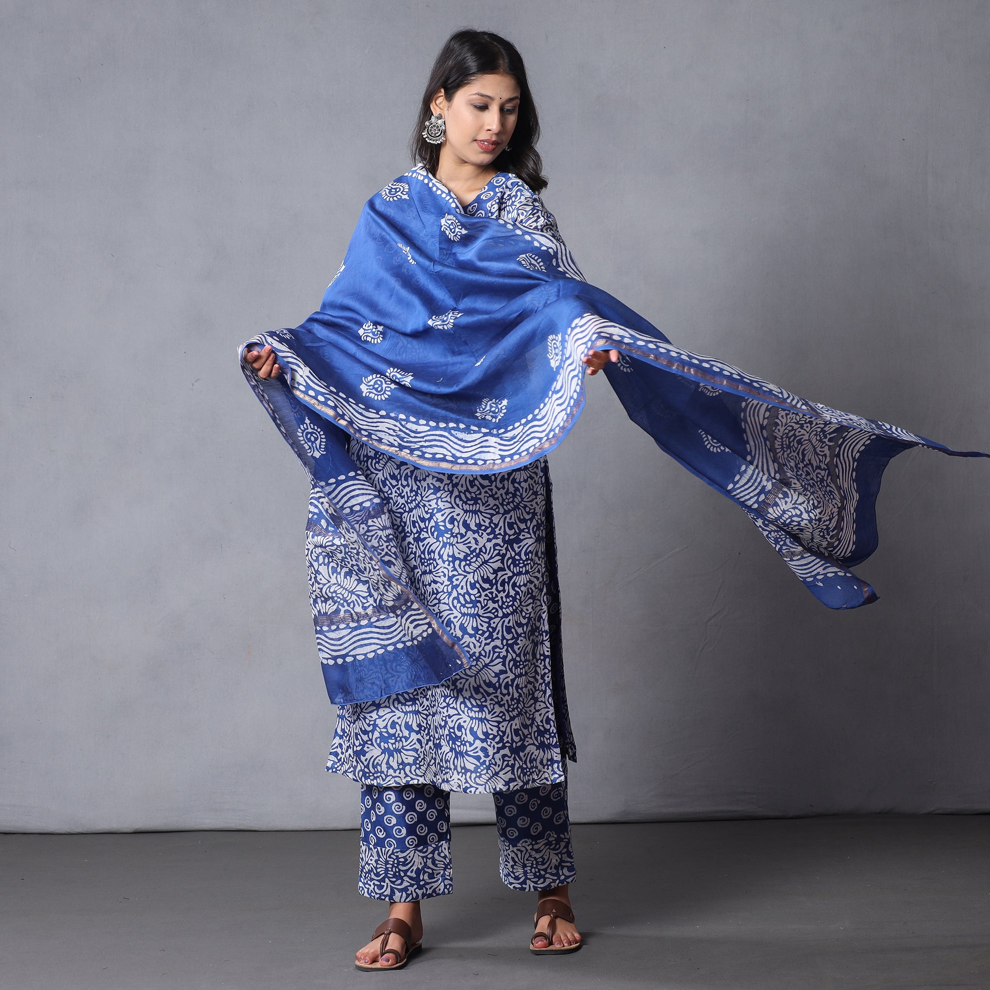 Blue - Hand Batik Printing Chanderi Silk Kurta Suit Sets